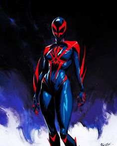 a painting of a spider man standing in front of a black background with red and blue colors