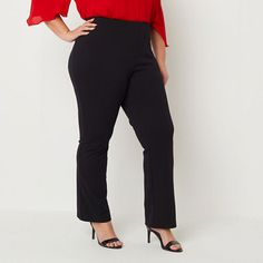 These women's pants from Bold Elements are a perfect addition to your work wardrobe. They are made from a soft stretch-crepe with an elastic waistband and flare legs. Wear them with a t-shirt or blouse for a versatile look.Front Style: Flat FrontFeatures: Stretch FabricClosure Type: Full ElasticFit: Regular FitRise: Mid RiseFiber Content: 97% Polyester, 3% SpandexFabric Description: CrepeInseam: 32 InLeg Style: Flare LegCare: Tumble Dry, Machine WashCountry of Origin: Imported Stretch Crepe, Work Wardrobe, Pants Color, Pull On Pants, Pants Black, Women's Pants, Black Pants, Capri Pants, Mid Rise