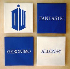 four blue and white coasters with the doctor who logo on them, all in different colors