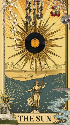 the sun tarot card with an image of a woman holding a star above her head