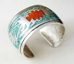 Item #906E- Vintage Solid Wide Navajo Turquoise Coral Chip Inlay Design Sterling Silver Cuff Bracelet by Juan Singer —Men's and Women's Multi Color Stone Bracelets Southwestern Inlay Cuff Bracelet Gift, Southwestern Turquoise Cuff Bracelet With Inlay, Southwestern Style Turquoise Cuff Bracelet With Inlay, Authentic Turquoise Jewelry, Inlay Design, Zuni Jewelry, Stone Bracelets, American Indian Jewelry, Navajo Jewelry