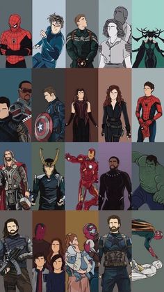 many different pictures of the avengers and spider - man characters in their respective outfitss