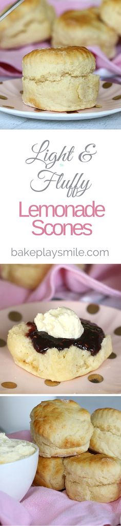 lemonade scones with blueberry filling are on a pink and white polka dot tablecloth