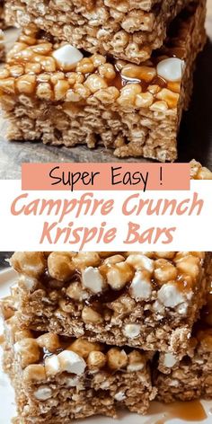 some kind of granola bar with marshmallows on top and the words, super easy campfire crunch krispie bars