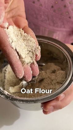 a person scooping something out of a bowl with the words oat flour on it