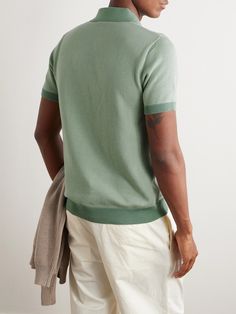 DESIGNED BY MR PORTER. Mr P.'s collections are both rooted in tradition and made with longevity in mind. Our update on the classic polo, this style is honeycomb-knitted from certified cotton, green and white threads highlight the intricacy of the stitch. The open collar enhances its relaxed feel. Lower Impact Materials. This product is made using at least 50% lower-impact materials or ingredients. Find out more about our Consciously Crafted criteria here. Classic Fitted Green Polo Sweater, Green Fitted Classic Polo Sweater, Fitted Classic Green Polo Sweater, Green Cotton Short Sleeve Polo Sweater, Green Crew Neck Cotton Polo Sweater, Casual Green Short Sleeve Polo Sweater, Classic Green Polo Collar Sweater, Green Cotton Crew Neck Polo Shirt, Casual Fitted Polo Shirt With Ribbed Cuffs