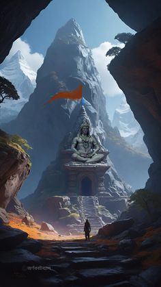 a man standing in front of a mountain with a buddha statue on it's head