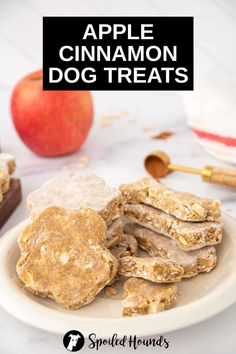 apple cinnamon dog treats on a plate with an apple in the background and text overlay