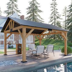 a wooden gazebo next to a swimming pool