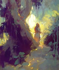 a painting of a woman walking down a path in the woods