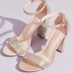 Crystal Block Heel Sandals With Shimmering Accents Never Worn!! Quinceanera Heels, Quince Heels, Sweet 16 Shoes, Hoco Heels, Quinceanera Shoes, Platform Dress Shoes, Davids Bridal Shoes, Champagne Heels, Pink Quince