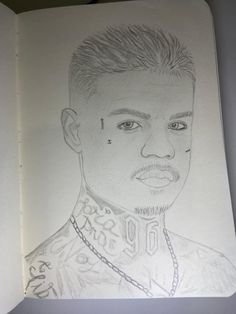 a drawing of a man with tattoos on his neck