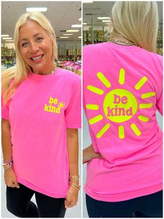 We just made the PERFECT Be Kind Tee and we couldn't wait to show it to you! It's bright, neon and the perfect combo of our two favorite colors! It's cute. It's Kind And, it makes us smile! We're obsessed!! This tee is bright, bold and perfect for all of your favorite Spring activities! Plus, for every tee sold, one is donated to someone in need. This tee is hand dyed, soft and comfy! It's 100% cotton and runs true to size! We know you are going to LOVE this tee as much as we do! We offer youth Rainbow Tie Dye Hoodie, Htv Shirts, Rainbow Tee, Trendy Tees, Creative Shirts, Neon Rainbow, Soft Pajamas, Spring Activities, Trendy Tee