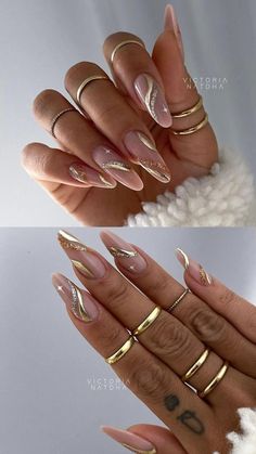 Purple y2k nails White And Golden Nails, Gold Swirl Nails, Stiletto Nails Designs Summer, 30th Birthday Nails, Gold Pedicure, Ongles Beiges, Summer Nail Inspiration, White Nails With Gold, Nail Art Easy