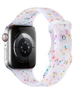 an apple watch with colorful sprinkles on it's white case and band