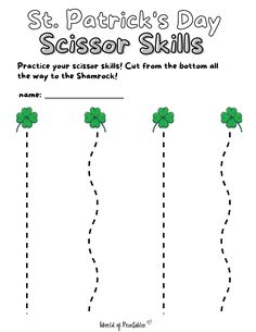 st patrick's day scissors skills worksheet with four clovers on it