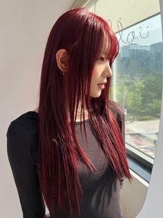 Korean red brown hair color: long and sleek hair with bangs K Pop Red Hair, Red Hair Bangs Asian, Dark Red Hair Korean, Red Autumn Hair, Red Korean Hair, Hair Colors For 2024, Dark Wine Hair Color, Red Mahogany Hair Color