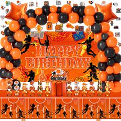 an orange and black birthday decoration with balloons