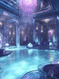 an indoor swimming pool with chandeliers hanging from the ceiling