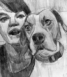 a drawing of a woman and a dog with their faces drawn in graph pencils