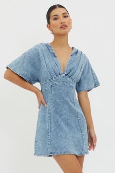 Jessika Pleated Bust Mini Dress Denim Blue Trendy Denim Mini Dress With Short Sleeves, Medium Wash Short Sleeve Denim Dress, Denim Blue Mini Dress, Fitted Short Sleeve Denim Dress, Trendy Medium Wash Mini Dress, Trendy Denim Mini Dress, Medium Wash Mini Dress, Denim Blue Short Sleeve Mini Dress, Denim Mini Dress With Short Sleeves