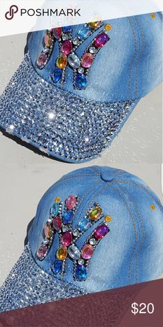 Blue Short Brim Baseball Cap For Spring, Trendy Blue Baseball Cap With Short Brim, Bling Hats, Face Cap, Bling Hat, Back Accessories, Mad Hatter Hats, Rhinestone Fashion, Garden Party Dress