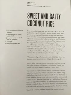 an open book with black and white text on the front cover that reads, sweet and salty coconut rice