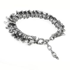 The metalised spine of a vanquished predator, forms this hinged, articulated bangle, with safety chain. Size: Approximate Dimensions:Width 4.25" x Height 0.63" x Depth 2.72" Edgy Bracelets, Gothic Bracelet, Alchemy Gothic, Edgy Accessories, Dope Jewelry, Safety Chain, Funky Jewelry, Hinged Bangle, Dream Jewelry