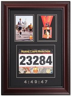 the marathon medal is framed in black with two pictures and medals on it's side