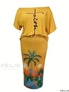 Peilia - Womens Plus Size Bohemian Two-Piece Ensemble featuring One-Shoulder Short Sleeve Tee with Cross Letter & Tropical Print and Maxi Skirt Plus Size Bohemian, Lash Sets, Tropical Print, Maxi Skirt, Short Sleeve Tee, Collar Styles, One Shoulder, Two Piece, Plus Size