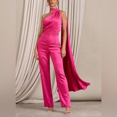 Hot Pink Satin Jumpsuit With Open Back And Neck Scarf. Sleeveless Jumpsuit Boasts An Asymmetric Halter Neckline And Wide Legs To Complement Every Unique Figure. Features - Premium Heavy Satin - Asymmetric Halter Neckline - Draped Scarf Detail - Invisible Zip Closure - Wide Legs Size: Us 2 Condition: New Tags Still Attached No Returns Xo Statement Scarf, Black Tie Gala, Scarf Neck, Dress Classy, Pink Jumpsuit, Party Dress Long Sleeve, Bridesmaid Outfit, Black Sequin Dress, Black Velvet Dress