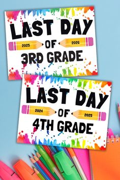 two back to school stickers with pencils and crayons on them that say last day of 3rd grade