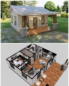 two different views of a small house with an open floor plan and living room in the middle