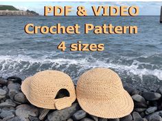 two crochet hats sitting on top of rocks next to the ocean with text overlay that reads, pdf & video crochet pattern 4 sizes