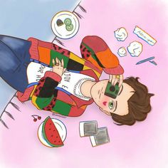 a drawing of a man laying on the ground with food around him and other objects surrounding him