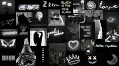 a collage of black and white images with neon signs in the shape of letters