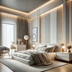 a modern bedroom with white and beige decor