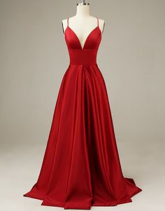 Simple Long Satin Red Prom Dress V-neck Floor Length Sexy Evening Dres – LUOLANDI DRESS Prom Dress Pictures, Prom Dresses 2022, Prom Dresses 2023, Red Prom Dresses, Dresses Quinceanera, Dresses 2022, Mob Dresses