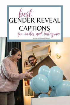 a man and woman standing next to each other in front of balloons with the text best gender reveal captions for photographers and instagram