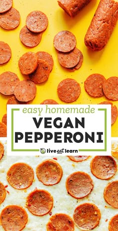 homemade vegan pepperoni on a baking sheet with the title overlay reads easy homemade vegan pepperoni