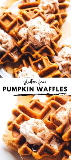 pumpkin waffles with whipped cream on top and the words gluten pure