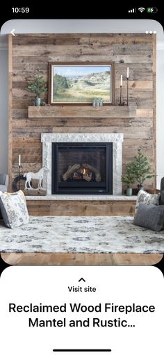 a living room with fireplace and mantle made out of pallet wood that has been painted white