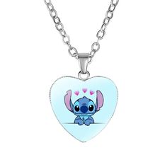 a blue heart shaped necklace with an image of a baby elephant on it