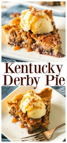 two plates with desserts on them and the words kentucky derby pie written in large letters