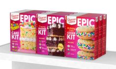 three boxes of cake kits on a shelf