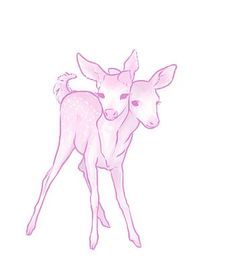 two baby deers standing next to each other on a white background with pink ink