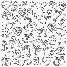 hand drawn wedding doodles with hearts, flowers and gifts on white background stock photo