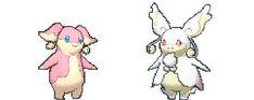 two pokemons are standing next to each other in pixel art style, one is pink and the other is white