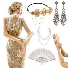 PRICES MAY VARY. 👸【1920s Flapper Accessory Set】This set of 1920 accessories includes an adjustable diamond-encrusted headband, a pair of diamond earrings, a pearl necklace, a pair of satin gloves, and a gold-gilded dancing fan, each accessory is a carefully crafted, exquisite workmanship, the overall color matching is golden tone, harmonious and elegant, such a dress combination with a dress sparkling under the lights of the ball, full of luxury, it is difficult not to become the focus of the c Gatsby Accessories, Flapper Accessories, Party Champagne, Gatsby Costume, Headband Pearl, Gatsby Themed Party, Flapper Costume, Champagne Party, Vintage Gloves