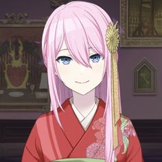 an anime character with pink hair wearing a kimono and holding a bowl in her hand